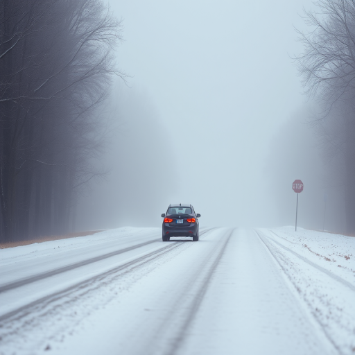 Capture a foggy road scene with a solitary car driving through light snow, focusing on the trees lining the road and a distant stop sign, shot with a DSLR camera at f/4, ISO 100, shutter speed 1/200 sec, using a wide-angle lens from a low angle to enhance depth and detail.