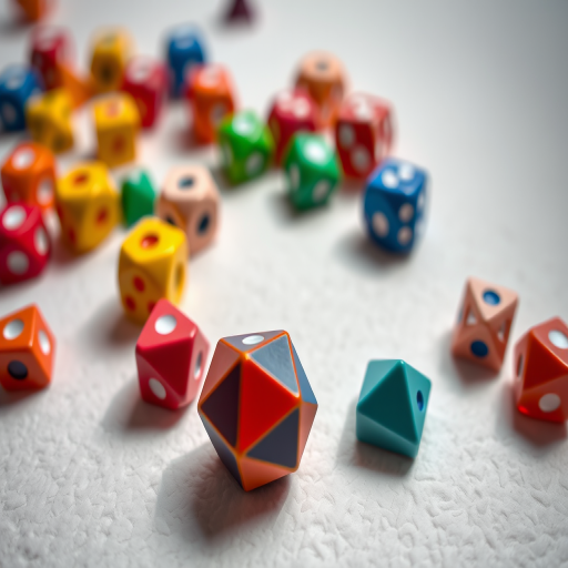 A close-up shot of colorful polyhedral dice scattered on a textured white surface, natural light, f/2.8, ISO 100, 50mm lens, shallow depth of field, DSLR camera.