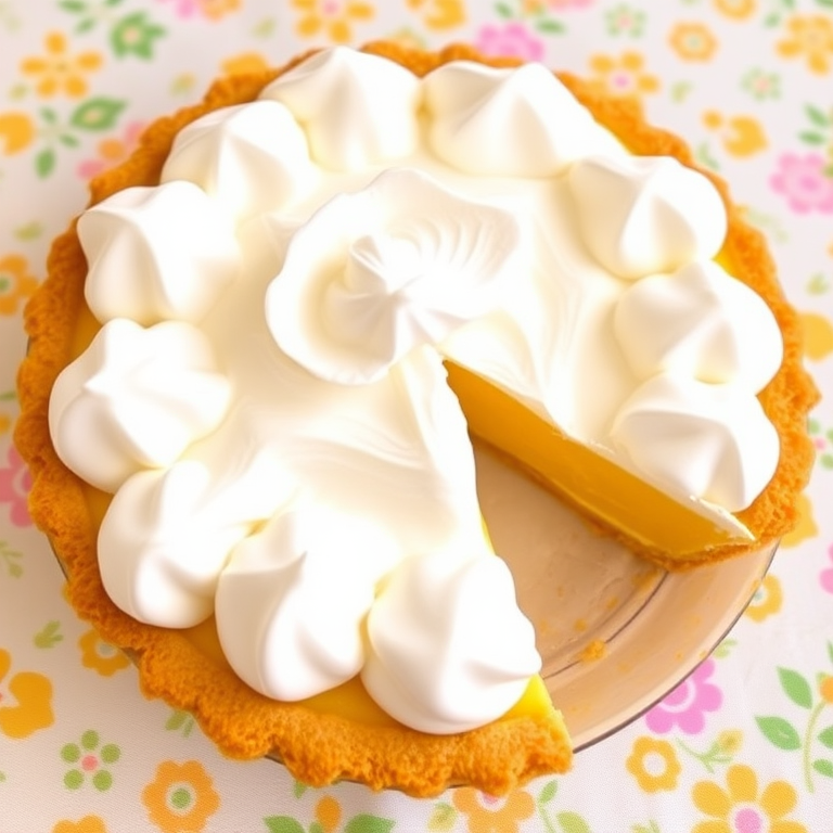 Create an image of a delicious lemon meringue pie with fluffy white meringue peaks on top and a golden crust. The pie should have a slice cut out, revealing the bright yellow lemon filling inside. The background should be a colorful tablecloth with a light, cheerful pattern.