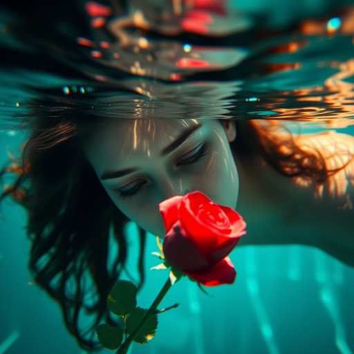 A woman underwater, gazing at a rose Her face is reflected in the water's surface The scene is illuminated by sunlight filtering through the water The atmosphere is serene and contemplative