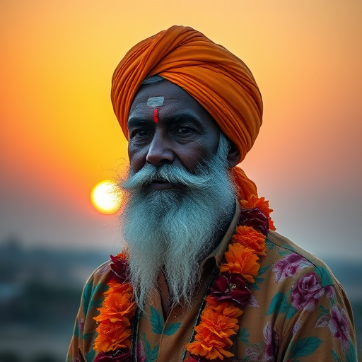 Regenerate the image of a serene figure with a white beard and orange turban, vibrant shirt adorned with flowers, against a soft gradient sunset background, using a DSLR camera with a 50mm lens, aperture f/1.8, ISO 200, soft focus, and warm lighting for enhanced quality.