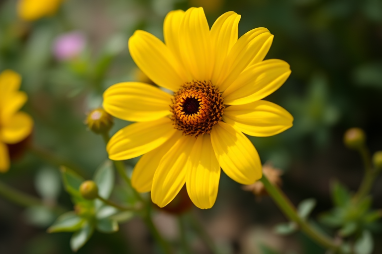 close-up of a vibrant yellow flower with a brown center surrounded by greenery, captured with a DSLR camera, 50mm lens, f/2.8 aperture, 1/250 sec shutter speed, natural light, shallow depth of field, vivid colors, soft focus background