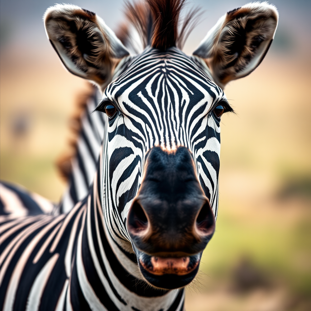 Generate a close-up portrait of a zebra in a natural setting with soft focus background, using a DSLR camera with a 50mm lens, aperture set to f/2.8, ISO 100, and a shutter speed of 1/200s for enhanced clarity and depth.