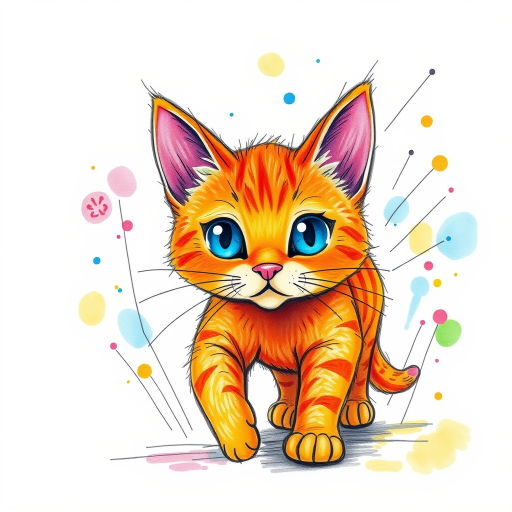 A vibrant childs coloured pencil drawn illustration of a bright orange cat with large, expressive blue eyes, a very cute style. The cat appears to be walking towards the viewer, surrounded by an abstract splash of colors and fine black lines, giving the image a dynamic and artistic flair. The background is a soft beige, highlighting the cat's vivid coloration and playful demeanor. Naively drawn scratchy line style.