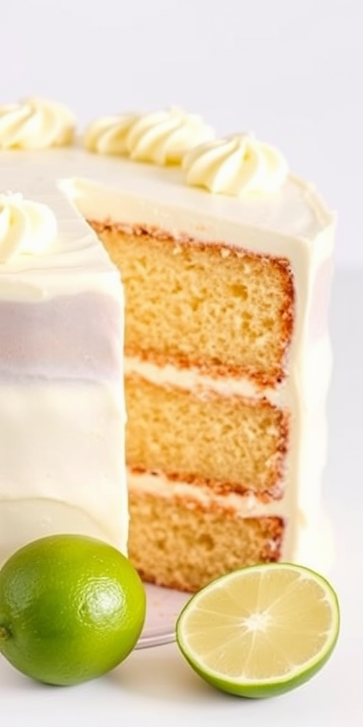 A beautifully layered vanilla cake with creamy white frosting and subtle caramel layers, showcasing a slice that reveals its moist texture and fluffy interior, accompanied by a fresh lime on the side, set against a simple white background.