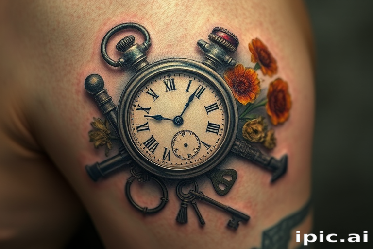 Realism tattoo called "Frozen in Time" depicting a hyper-realistic still life composition of vintage objects such as an old pocket watch, antique keys, and dried flowers, with incredible attention to detail and shading that creates the illusion of three-dimensionality on the skin, ideal for history buffs and those who appreciate the beauty of everyday objects.