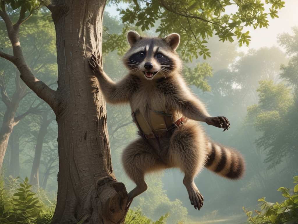 Jumping Racoons A big Male raccoon adventurer Is jumping from a tree. In a Fantasy world