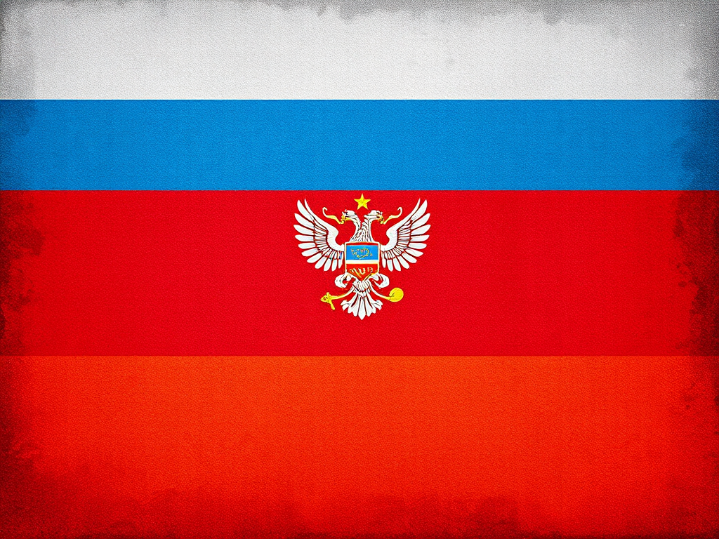 Create a high-resolution image of the Russian flag with a textured background, using a DSLR camera, 50mm lens, f/1.8 aperture, ISO 100, and a slight vignette for depth.