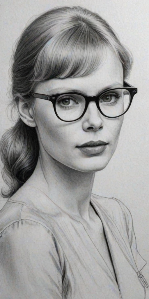 Exquisite Mia Farrow, pencil sketch, portrait of Graceful woman 1948s in glasses, hair style beatnik, outline, clear lines, fine lines, 8k