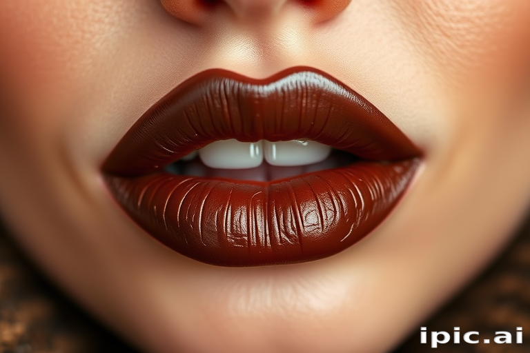 Rich chocolate brown lips with rose gold highlights, called "Cocoa Luxe," boast a creamy texture and moisturizing properties, ideal for fall fashion and cozy winter gatherings