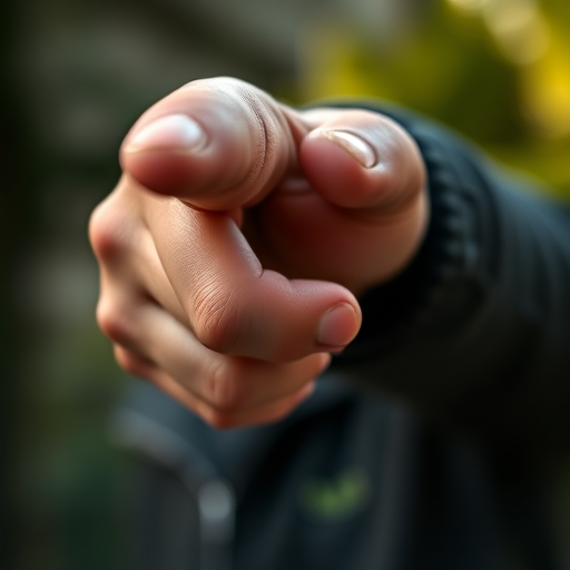 Generate a close-up image of a human hand pointing forward, using a DSLR camera with 50mm lens, aperture f/2.8, ISO 100, natural lighting, focus on the hand, shallow depth of field, high resolution for clarity.