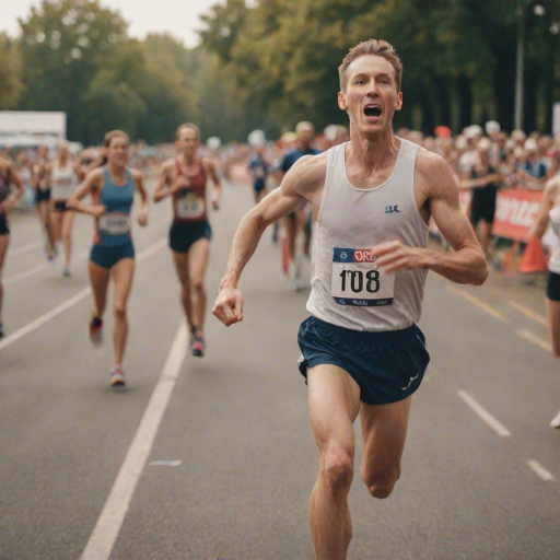 Blurry action shot of a runner crossing the finish line of a race, sweat glistening on their face, distant spectators cheering, soft focus on the motion and speed, and the sense of triumph and exhaustion.