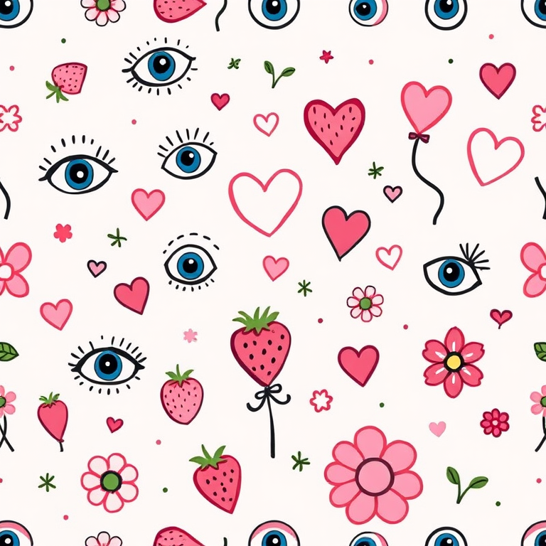 Create a seamless pattern featuring playful doodles of eyes, hearts, balloons, strawberries, and flowers with a pastel color scheme, captured with a Canon EOS R5, 50mm lens, f/2.8, ISO 100, in natural light, with a top-down view for enhanced detail and vibrancy.
