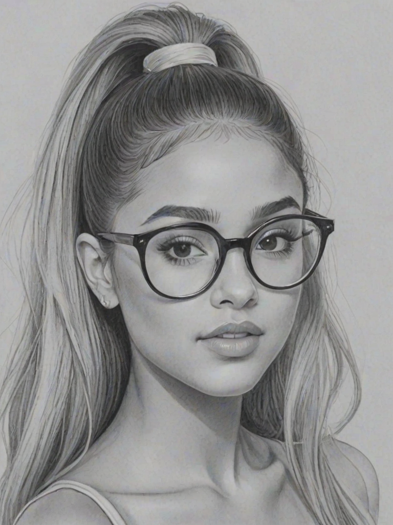 Sublime Ariana Grande, pencil sketch, portrait of Lovely woman 1968s in glasses, hair style beatnik, outline, clear lines, fine lines, 8k