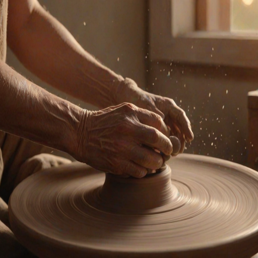 Warmly lit close-up of a potter's hands shaping clay on a spinning wheel, tiny flecks of clay flying through the air, with the soft glow of sunset streaming through a nearby window.