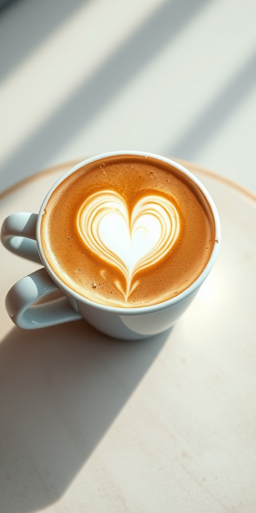 Create a high-resolution digital illustration of a cappuccino cup with heart-shaped latte art on top, shot from an overhead perspective, using a 50mm lens aperture f/1.8, ISO 100, with soft natural lighting to enhance colors and texture.