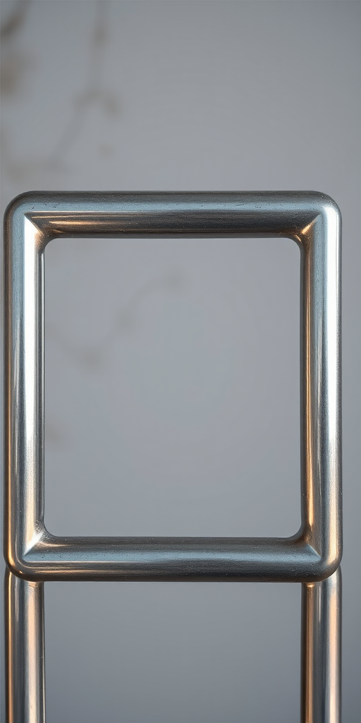 Regenerate a metallic frame with a minimalist design, rendered in high resolution, using a DSLR camera settings of f/2.8 aperture, ISO 100, and a shutter speed of 1/60s, in a close-up view, with natural lighting to enhance reflections and textures.