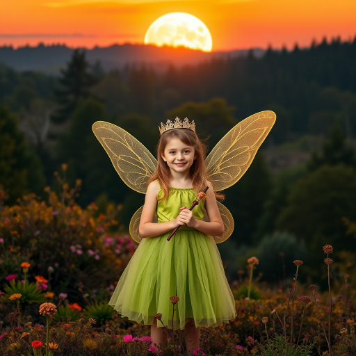 A vivid photo  taken under a bright camera flash of a fantastical scene set against a backdrop of a forest during sunset. The main subject is a girl dressed as a fairy, adorned with translucent wings and a green dress, holding a wand, her face is happy, and she wears a crown on her head. The forest behind her is a blend of flowers, shrubs and trees. The sky is painted in hues of orange and pink, with a large, glowing moon casting a warm glow over the scene. The overall color palette is dominated by earthy tones.