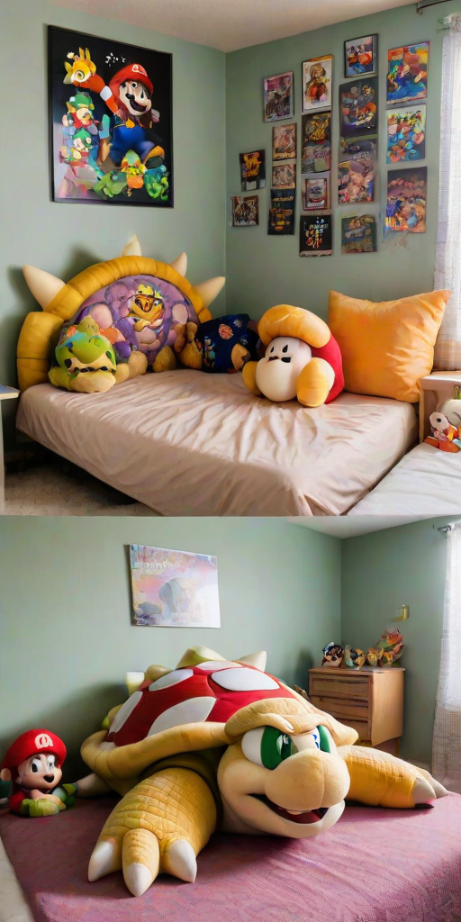 This is a photograph of a Super Mario themed bedroom with a unique, Bowser-shaped bed as the central focus, where his feet are at the foot of the bed and his body makes up the bed frame. The bed features turtle shell pillows, along with a stuffed toy of Princess Peach. The wall is full of posters of Bowser.