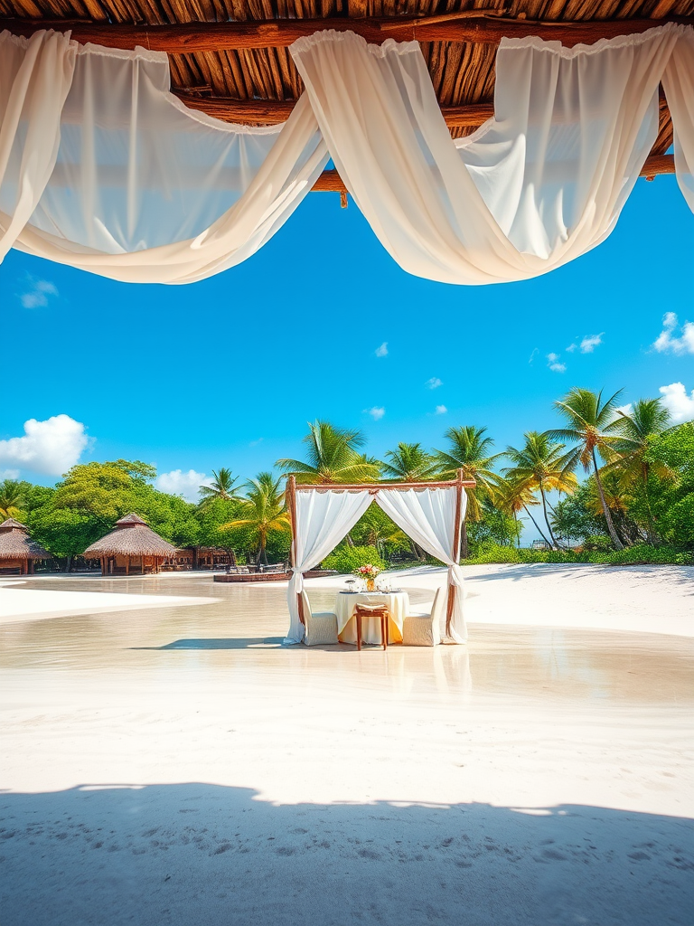 Create a picturesque tropical beach scene featuring a serene, white sandy shore. In the foreground, there's a rustic wooden canopy with white drapes gently flowing in the breeze. Underneath the canopy, a table is set with tropical decor, evoking a sense of relaxation and leisure. The beach extends into a calm, shallow water area with reflections of the sky and surroundings. Palm trees and lush greenery line the edge of the beach, providing a natural, tropical backdrop. The sky is clear with a few scattered clouds, and the overall atmosphere is tranquil and inviting, perfect for a peaceful retreat.