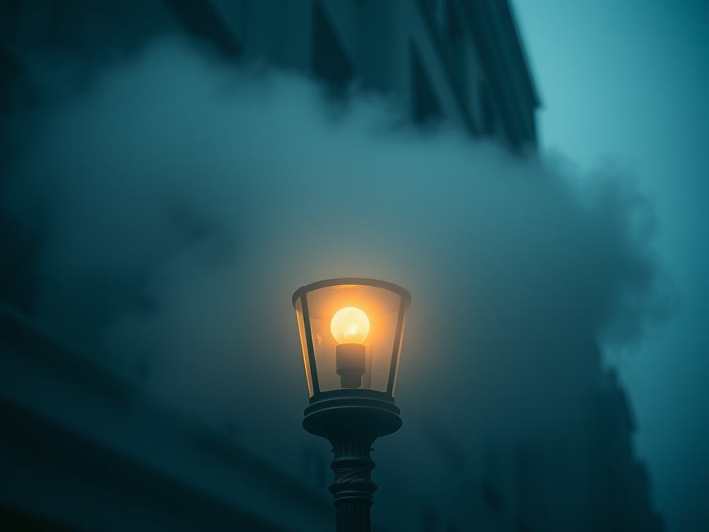 Capture a moody urban scene featuring an ornate streetlamp partially obscured by fog, with a soft glow from the lamp's glass, using a Canon EOS R5, 50mm lens, f/1.8 aperture, shutter speed 1/100 sec, ISO 100, in a low-angle view to emphasize the lamppost against a blurred background.