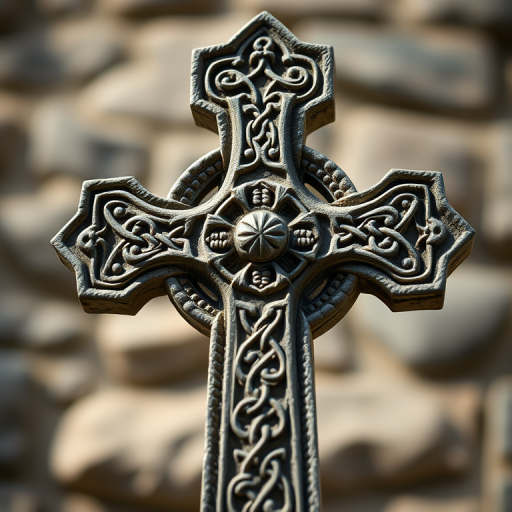 Celtic cross with intricate carvings, soft natural light, f-stop 4.0, shutter speed 1/250s, ISO 200, macro lens, shallow depth of field, taken from a slightly low angle for emphasis, DSLR camera.