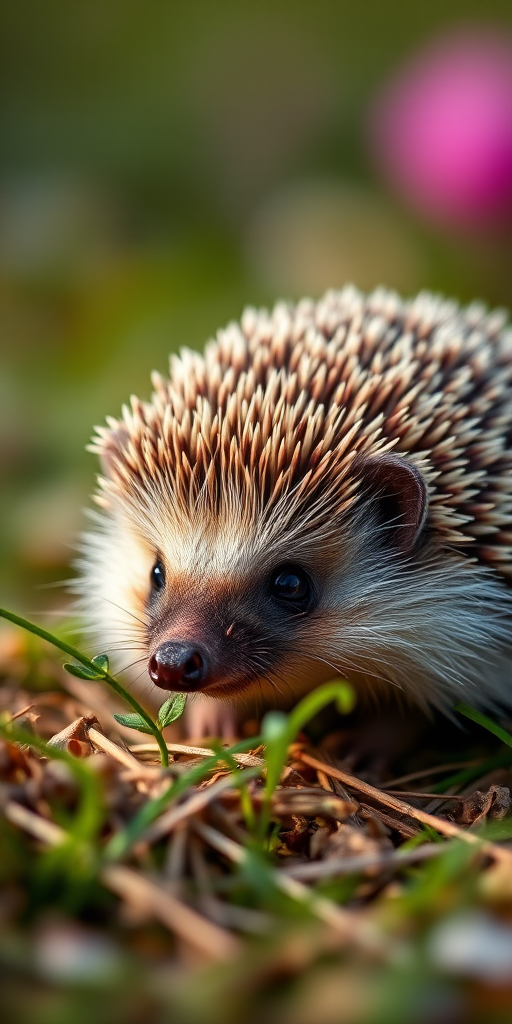 Hedgehog in a natural setting, close-up, soft focus background, f/2.8 aperture, 50mm lens, ISO 200, natural light, macro photography, DSLR camera.