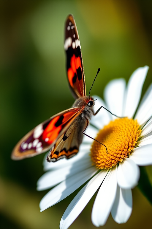 A close-up shot of a butterfly perched on a white daisy, vibrant colors and sharp focus, aperture f/2.8, shutter speed 1/1000s, ISO 200, macro lens, natural light, DSLR camera.