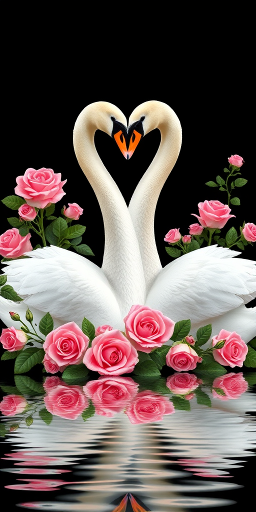 Create a romantic digital illustration featuring two white swans forming a heart shape with their necks, surrounded by lush pink roses and greenery, reflective water surface below, with a black background, use a DSLR camera with f/2.8 aperture, 50mm lens, 1/200 shutter speed, and soft light to enhance colors and details.