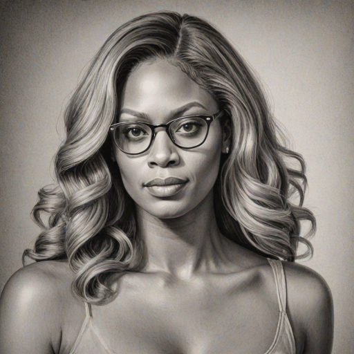 Elegant Laverne Cox, pencil sketch, portrait of Wonderful woman 1939s in glasses, hair style beatnik, outline, clear lines, fine lines, 8k