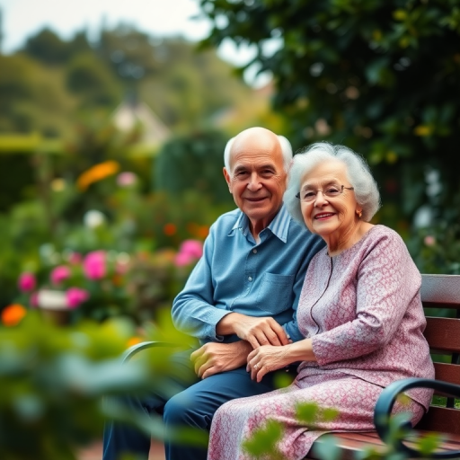 Create an outdoor portrait of an elderly couple sitting on a bench in a lush garden, using a 50mm lens, f/1.8 aperture, ISO 200, natural lighting, and a shallow depth of field to focus on their smiling faces while softly blurring the background.