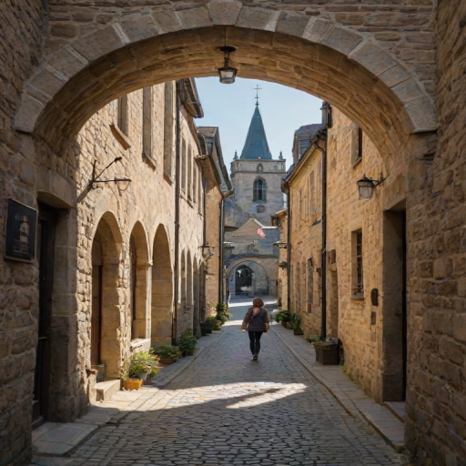 Old, cobbled street in a historic town, a woman walking under a stone archway, the sound of church bells ringing in the distance.