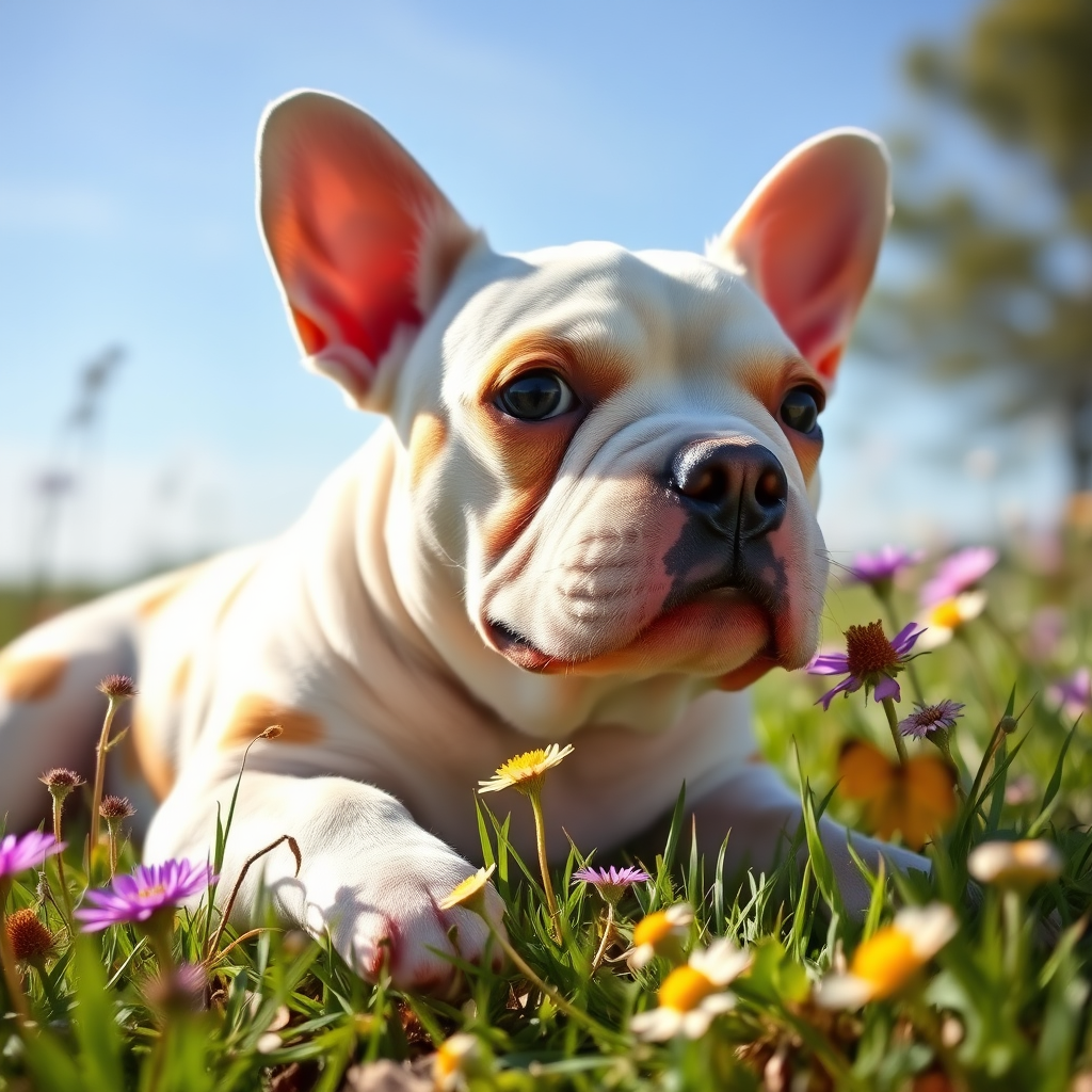 a whimsical fantasy image of a 1year old Exotic Micro Bullie dog whose white with tan spots, lying in the grass with Wildflowers all around her, blue skies and sunshine