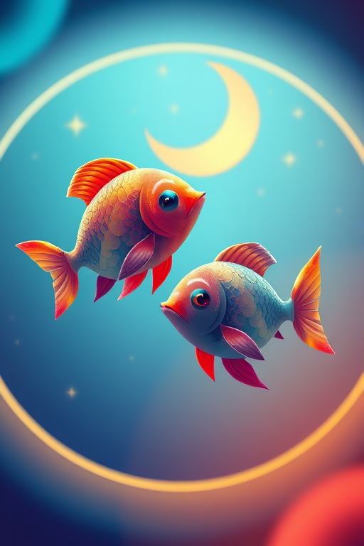 Create a digital illustration of two stylized fish swimming in a circular scene with a crescent moon and stars, using vibrant colors and smooth gradients, shot with a DSLR camera at f/2.8, ISO 100, 1/200s, in a close-up view with a bright, soft focus style.