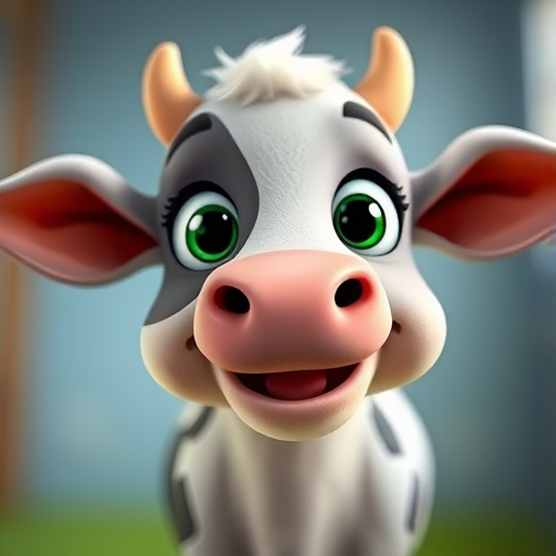 Create a cartoon-style image of a cute cow with big eyes and a cheerful expression, using a shallow depth of field, soft lighting, and vibrant colors; camera settings: ISO 100, aperture f/2.8, shutter speed 1/200s; camera view: frontal close-up, camera style: illustrative, camera type: digital.