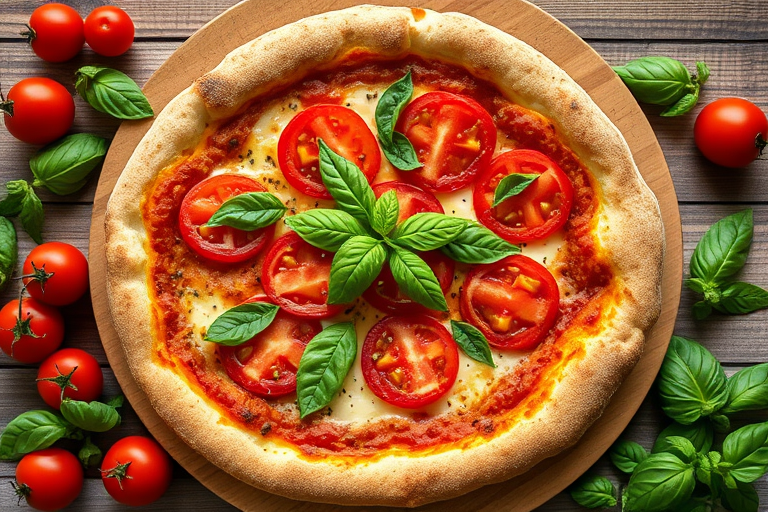 A freshly baked margherita pizza with sliced tomatoes and basil on a wooden board, surrounded by cherry tomatoes and basil leaves, captured with a Canon EOS R5, 50mm lens, f/1.8 aperture, natural light, top-down view, vibrant colors for enhanced quality.