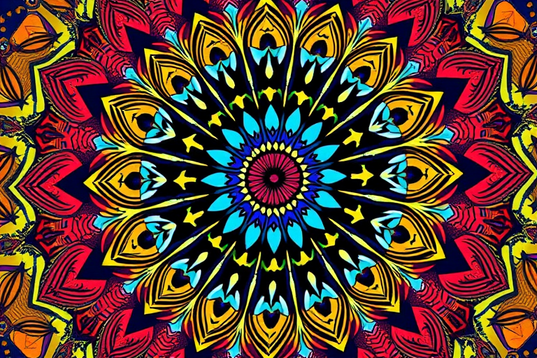 Create an intricate mandala design with vibrant colors, ensured high resolution at 300 DPI, shot with a Canon EOS R5 at f/8 aperture, ISO 100, 50mm lens, natural lighting from above, and a top-down view for a clear, detailed perspective.