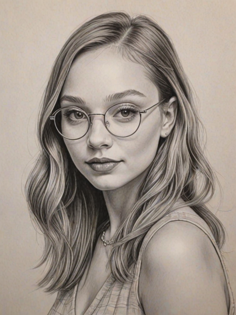 Alluring Maddie Ziegler, pencil sketch, portrait of Enticing woman 1932s in glasses, hair style beatnik, outline, clear lines, fine lines, 8k