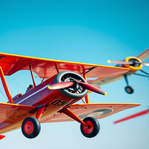 regenerate the image of two vintage airplanes, one being a biplane and the other a monoplane, vibrant colors, high contrast, shot with a DSLR camera at 50mm, f/2.8 aperture, ISO 100, in a clear blue sky background, capturing details and colors vividly