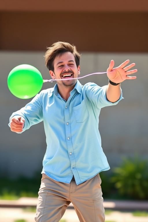 Create an illustration of a cheerful man in a light blue shirt throwing a water balloon, with a bright green balloon in motion, using a DSLR camera with a 50mm lens, f/2.8 aperture, ISO 100, shot from a low angle to enhance the dynamic action.