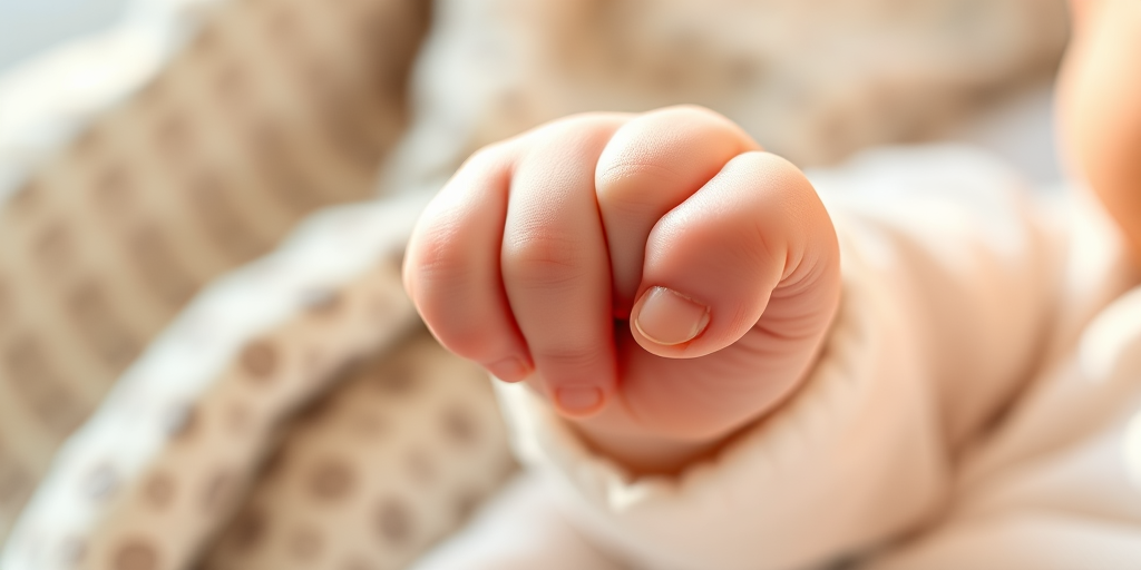Softly focused close-up of a baby's hand gripping an adult's finger, with soft natural light illuminating their delicate skin, and a cozy blanket in the background providing a sense of warmth and security.