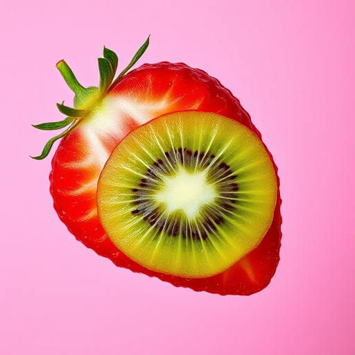 Create a vibrant, high-resolution digital image of a sliced strawberry and kiwi layered in a spiral motion with a pink gradient background, using a DSLR camera at f/2.8 aperture, 1/160s shutter speed, and ISO 100, with a macro lens for detailed focus and enhanced colors.