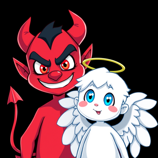 Create a vibrant cartoon-style image of a red devil character with a mischievous smile and red eyes, alongside a white angel character with blue eyes and wings, set against a black background; use a high-resolution camera, f/2.8 aperture, 50mm lens, and natural lighting for vibrant colors and sharp details.