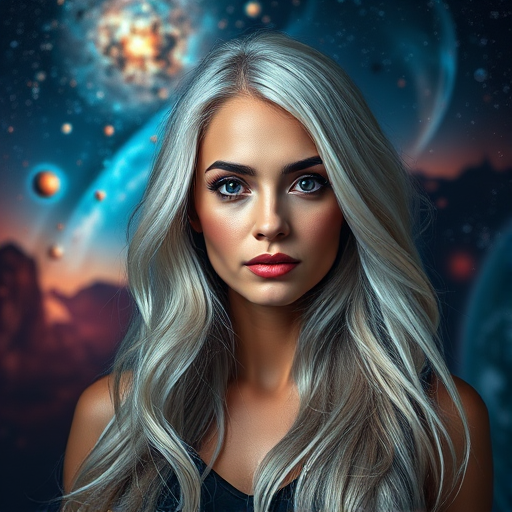 Create a portrait of a woman with long, flowing silver hair and a striking expression against a cosmic background with vibrant colors and swirling galaxies, shot with a DSLR camera at f/1.8 aperture, ISO 100, and a 50mm lens, using a low-angle view to emphasize her features and a soft focus on the background for depth.