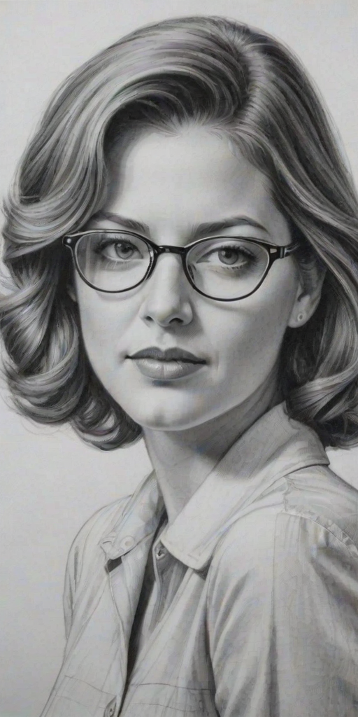 Alluring Julie Gonzalo, pencil sketch, portrait of Sublime woman 1941s in glasses, hair style beatnik, outline, clear lines, fine lines, 8k