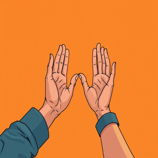 Create an illustrated image of two hands reaching towards each other on a warm orange background, using a DSLR camera with a 50mm lens, aperture f/2.8, ISO 100, and natural light for an enhanced visual quality.