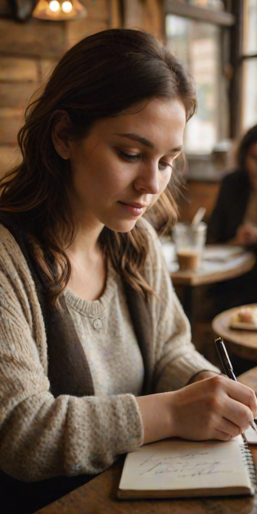 Warmly lit photo of a woman writing in a notebook at a rustic café, with soft light illuminating her face, surrounded by the cozy atmosphere of fellow patrons and pastries.