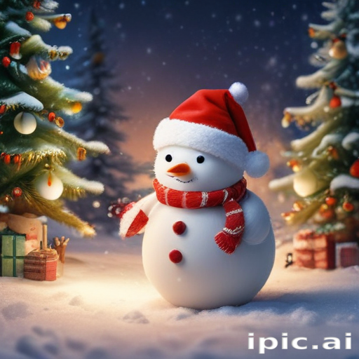 A Cheerful Snowman in a Santa Hat Surrounded by Christmas Trees