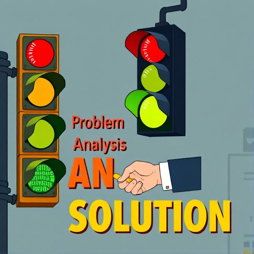 Create an illustration of a traffic light with red, yellow, and green lights, accompanied by a handshake in a business setting, with the words "Problem," "Analysis," and "Solution" in bold, colorful font; use a Canon EOS R6, 50mm lens, f/1.8 aperture, ISO 100, and a soft light source for enhanced image quality.