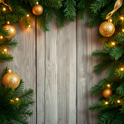 create a festive image of a wooden background with evergreen branches framing the edges, adorned with gold glitter ornaments and soft glowing lights, use a DSLR camera with a 50mm lens, aperture f/2.8, ISO 100, and a shallow depth of field for a blurred background effect